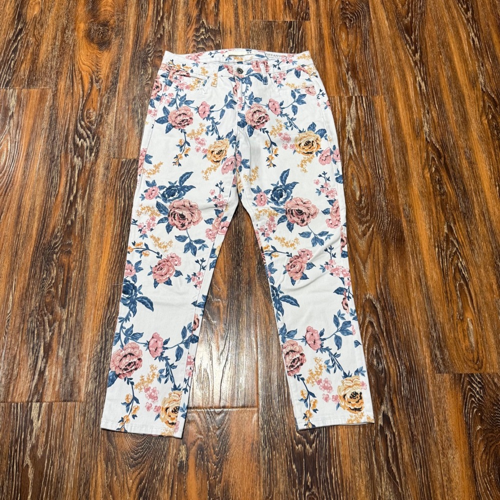 Tiffany Skinny Ankle Floral Pants Women's 12 White Pink Blue Mid Rise Jeans LIT